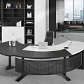 Modern Executive Office Desk With Curved Black White Top Bookshelf City View And Black Chair