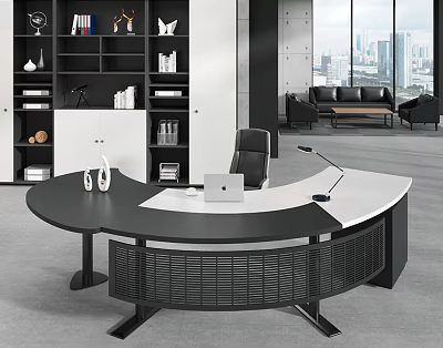 Modern Executive Office Desk With Curved Black White Top Bookshelf City View And Black Chair 3d model