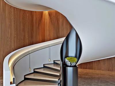 Modern Spiral Staircase With White Steps Wooden Wall And Black Column 3d model