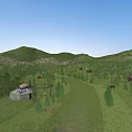Stunning Natural Mountain Grassland Landscape With Pine Trees Yurts And Grazing Horses Under Clear Blue Sky