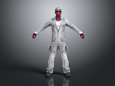 Detailed Humanoid Creature In White Jumpsuit Standing With Red Head And Open Arms 3d model