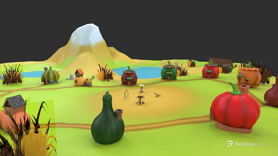 Cartoon Style Botanical Painting With Pumpkins Houses Mountain Pond And Path 3d model 