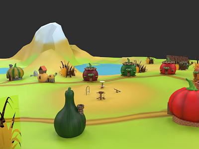 Cartoon Style Botanical Painting With Pumpkins Houses Mountain Pond And Path 3d model