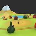 Cartoon Style Botanical Painting With Pumpkins Houses Mountain Pond And Path
