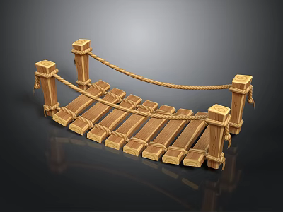 Rustic Wooden Footbridge Structure With Planks Rope Railings And Posts 3d model