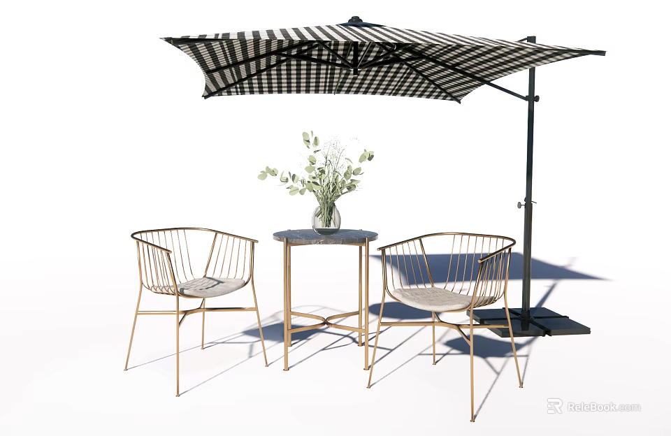Outdoor Metal Frame Woven Chairs With Small Round Table Striped Umbrella And Green Plant 3d model 