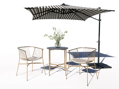 Outdoor Metal Frame Woven Chairs With Small Round Table Striped Umbrella And Green Plant 3d model