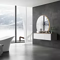 White Bathtub with Large Windows Overlooking Snowy Mountains Trees and Side Cart Holding Towels