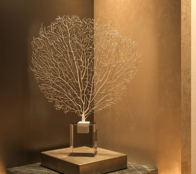Artistic Metal Tree Sculpture On Transparent Base In Warm Space 3d model