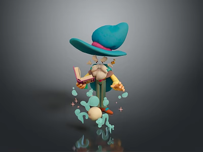 Cartoon Man With Blue Hat Red Accent Beard Holding Open Book And Floating Green Glowing Particles 3d model