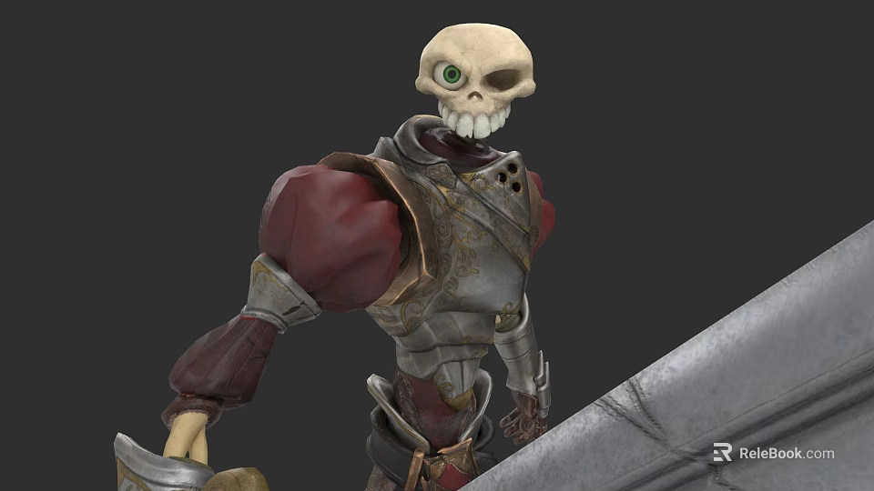 Skeleton Man In Ornate Armor Holding Large Sword With Green Eyes 3d model 