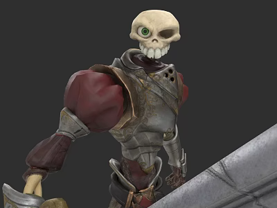 Skeleton Man In Ornate Armor Holding Large Sword With Green Eyes 3d model