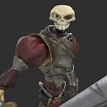 Skeleton Man In Ornate Armor Holding Large Sword With Green Eyes