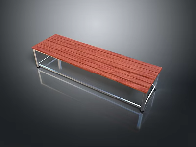 Red Wooden Plank Bench with Silver Metal Frame on Black Reflective Background 3d model