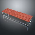 Red Wooden Plank Bench with Silver Metal Frame on Black Reflective Background