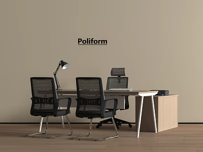 Modern Office Desk Setup With Three Black Mesh Chairs And Wooden Cabinet 3d model