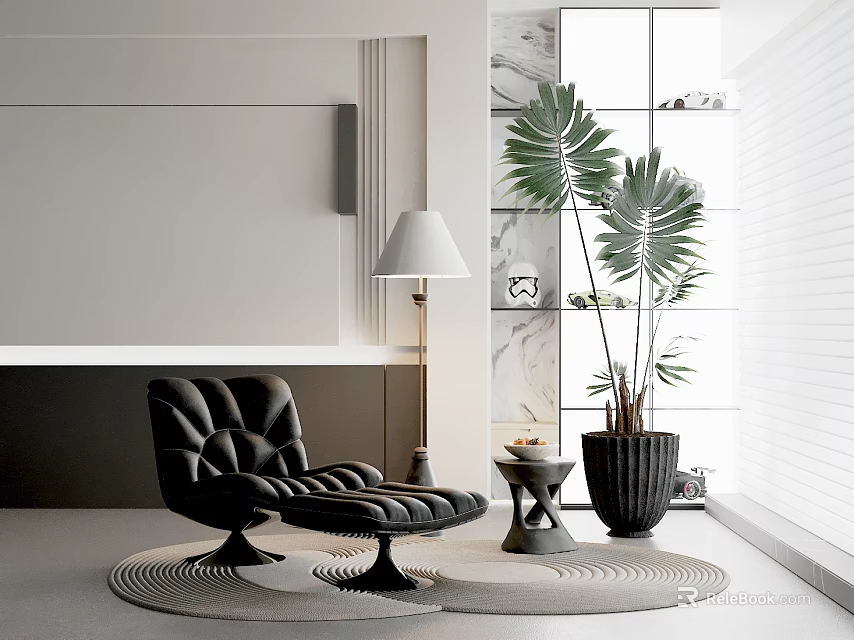 Black Modern Leisure Chair With Ottoman Floor Lamp And Palm Plant On Round Rug 3d model 