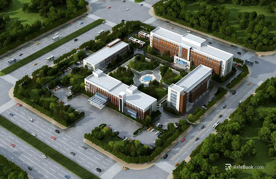 Modern Hospital Building Exterior With Surrounding Trees Parking Area And Roads 3d model 
