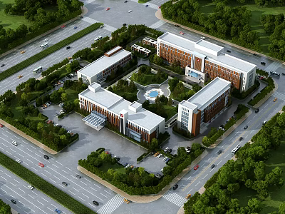 Modern Hospital Building Exterior With Surrounding Trees Parking Area And Roads 3d model