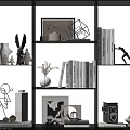 Stylish Decorative Ornament Combination on Shelf with Geometric Ornaments Rabbit Figurine Vase Books and Camera