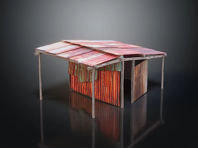 Minimalist Building Structure Featuring Red Striped Design Pink Striped Roof And Metal Supports 3d model