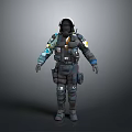 Game Movie Character Wearing Tactical Gear Helmet With Blue Yellow Details And Dark Color Palette