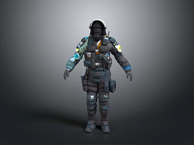 Game Movie Character Wearing Tactical Gear Helmet With Blue Yellow Details And Dark Color Palette 3d model