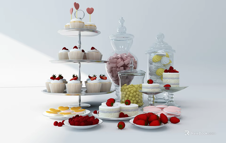 Assorted Dessert Display With Cupcakes Strawberries Macarons Tiered Stand And Glass Jars 3d model 