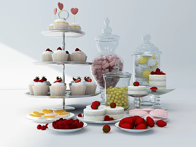 Assorted Dessert Display With Cupcakes Strawberries Macarons Tiered Stand And Glass Jars 3d model