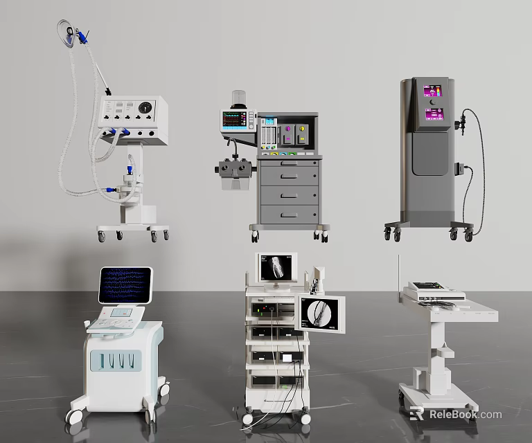 Multiple Mobile Medical Devices Featuring Monitoring Screens And Surgical Equipment Carts 3d model 