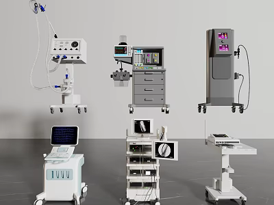 Multiple Mobile Medical Devices Featuring Monitoring Screens And Surgical Equipment Carts 3d model