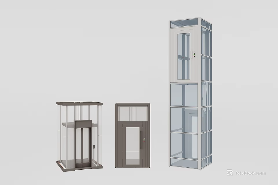 Variety of Modern Elevator Designs Featuring Glass Panels And Structural Styles 3d model