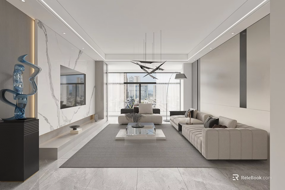 Bright Modern Minimalist Open Living Dining Room With Marble Decor Comfortable Sofa And Panoramic Window 3d model 