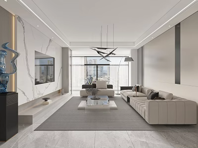 Bright Modern Minimalist Open Living Dining Room With Marble Decor Comfortable Sofa And Panoramic Window 3d model