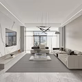 Bright Modern Minimalist Open Living Dining Room With Marble Decor Comfortable Sofa And Panoramic Window