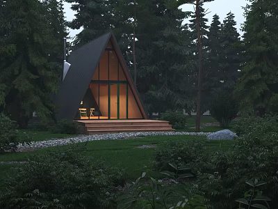 Detached House With Triangular Roof Large Windows Steps Gravel Path And Forest Lawn Setting 3d model