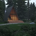 Detached House With Triangular Roof Large Windows Steps Gravel Path And Forest Lawn Setting