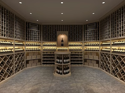 Elegant Wine Cellar Interior Design With Circular Racks And Central Display Of Wine Bottles 3d model