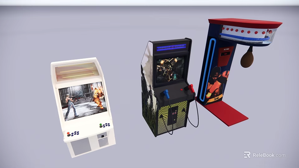 Three Electric Arcade Game Machines With Retro Design Game Screens And Joystick Controls 3d model 