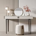Modern White Dressing Table with Round Mirror Table Lamp and Vase on Striped Wall