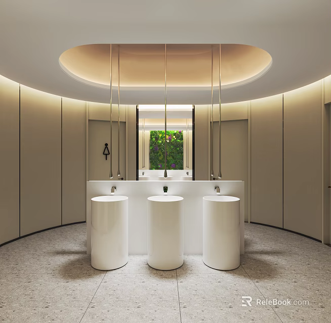 Public Restroom Interior With Circular Ceiling Lighting Strips Three White Circular Sinks 3d model