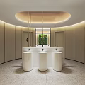 Public Restroom Interior With Circular Ceiling Lighting Strips Three White Circular Sinks 3d model