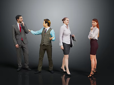 Four Business People Interacting In Professional Setting With Formal Attire 3d model
