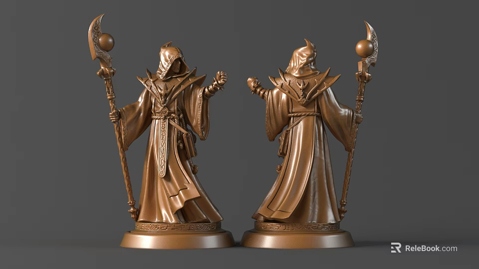 Two Detailed Wizard Sculptures With Robe Staff Orb And Intricate Design 3d model 
