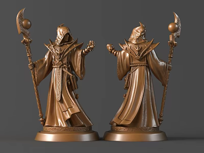 Two Detailed Wizard Sculptures With Robe Staff Orb And Intricate Design 3d model