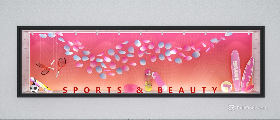 Vibrant Pink Sports Beauty Shop Window with Colorful Circular Decor and Cosmetics 3d model 