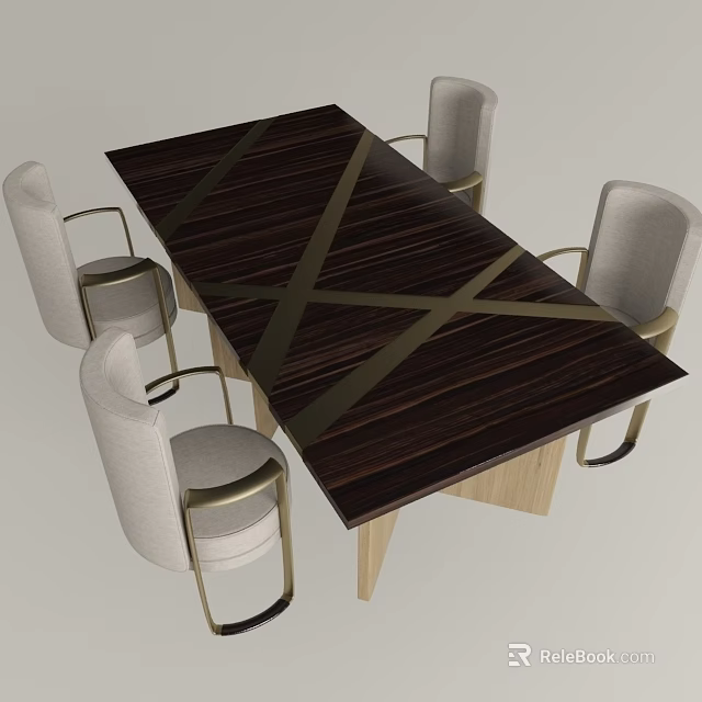 Modern Dining Table Set With Dark Wooden Top And Golden Cross Lines Light Gray Chairs 3d model 