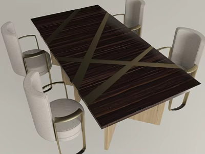 Modern Dining Table Set With Dark Wooden Top And Golden Cross Lines Light Gray Chairs 3d model