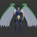 Detailed Game Movie Character 3D Model With Green White Wings Blue Armor And Crested Head