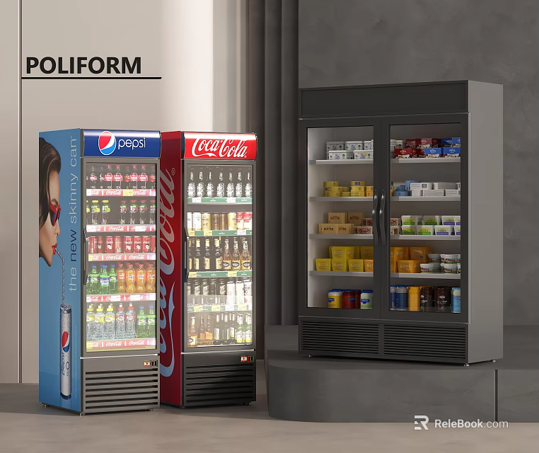 POLIFORM Commercial Display Refrigerators With Pepsi Coca Cola Beverages And Food Items 3d model 